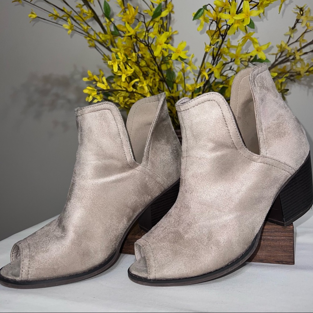 TG Faux Suede Light Taupe Semi Open Toe Slip On Booties - Size 8.5 Medium
